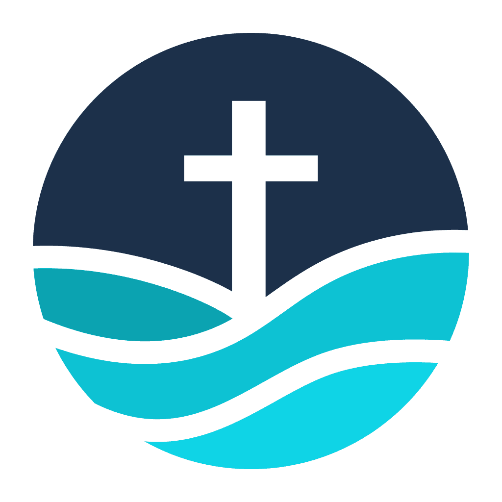 Peaceful church logo with cross and waves representing New Albany United Methodist Church.