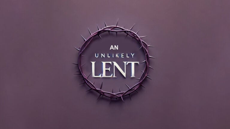 Unlikely Lent message with crown of thorns symbol on purple background.